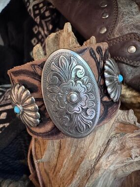 OOAK Artisan Leather Western Concho Cuff Bracelet with Silver Accents